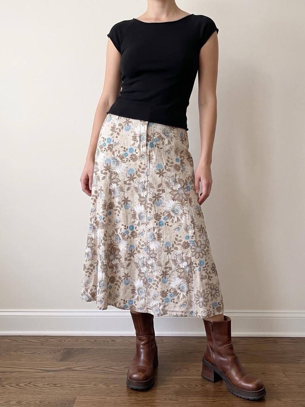 vintage boho taupe brown blue linen midi skirt size 18w